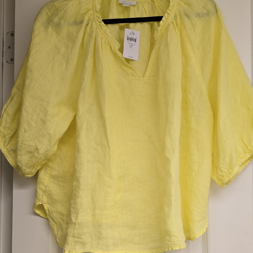 (NWT) ◇ J.Jill Lemon 🍋Yellow Ruffle Neck Linen Blouse